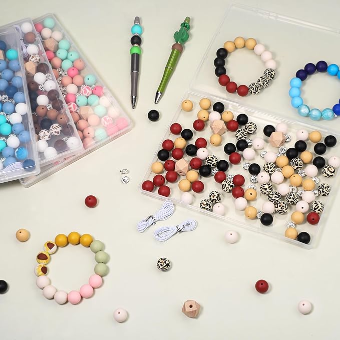 96Pcs Silicone Beads for Bracelets with 4Pcs Wooden Bead and Elastic 2 Strings,15mm Silicone Beads Bulk Petal Bracelet Making Kit Focal Bead for Pens Keychain Making Kit