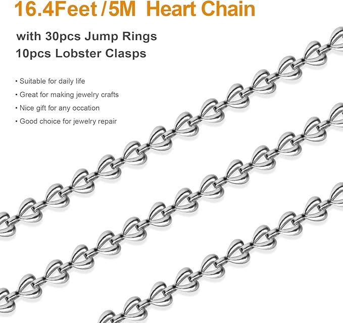 Kyutong 16.4 Feet Hollow Heart Chain for Jewelry Making Stainless Steel Silver Chains for Crafts DIY with Jewelry Clasps Supplies