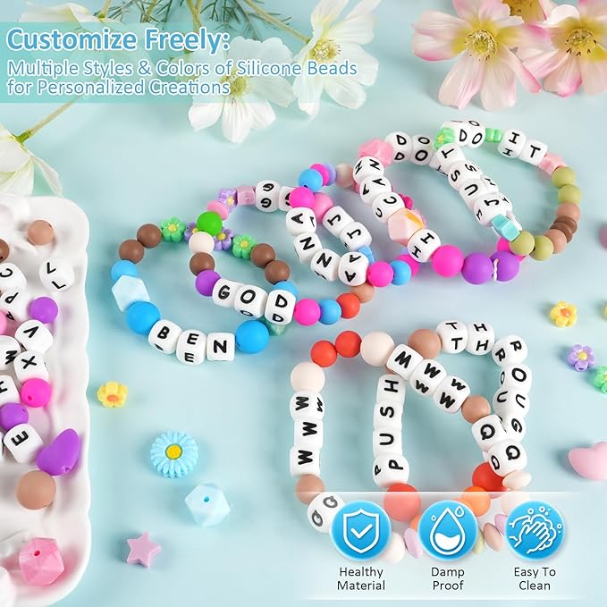 239Pcs Silicone Beads for Keychain Making, 12mm Silicone Letter Beads Bulk, 12mm 15mm Round Rubber Bead Bracelet Kit for Pens, Necklace, Jewelry Making DIY Crafts Gifts (Multicolor)