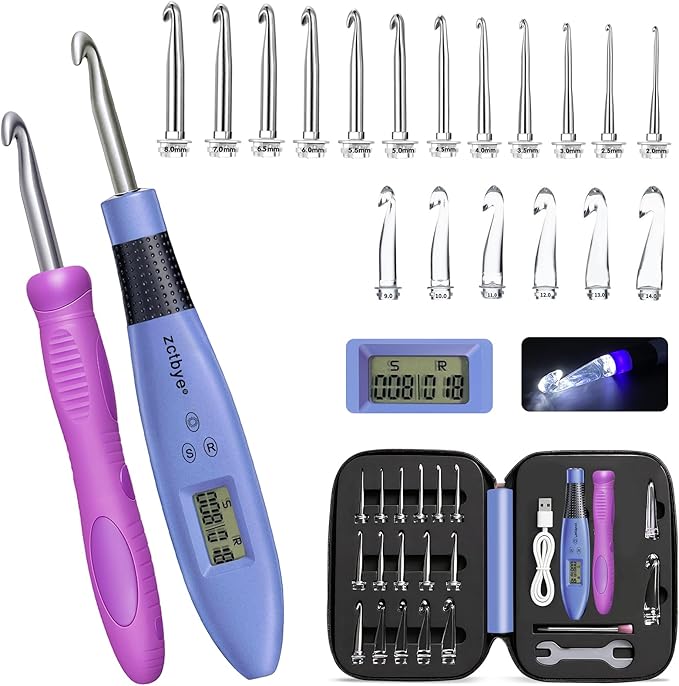 Light up Crochet Hook Set with Stitch Counter Crochet Kit with 22 Different Size Interchangeable Crochet Needle,Ergonomic with 2 Levels Led and Digital Stitch Counter for Crocheting and Knitting