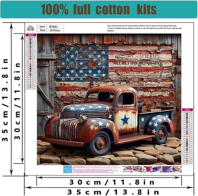 Stamped Cross Stitch Kits for Adults - Truck American Flag Embroidery Kits for Beginners Adults,11 CT Patterns Dimensions Counted Cross Stitch Kits for Arts Craft Kits 14X 14 inch