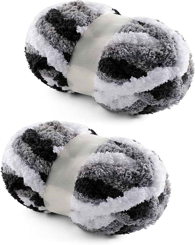 2 Pack Chunky Yarn for Hand Knitting - Chunky Chenille Blanket Yarn for Crocheting and Crochet with Jumbo Fluffy Super Bulky 25 yds 7.7 oz Each Skein (Black White Gray)