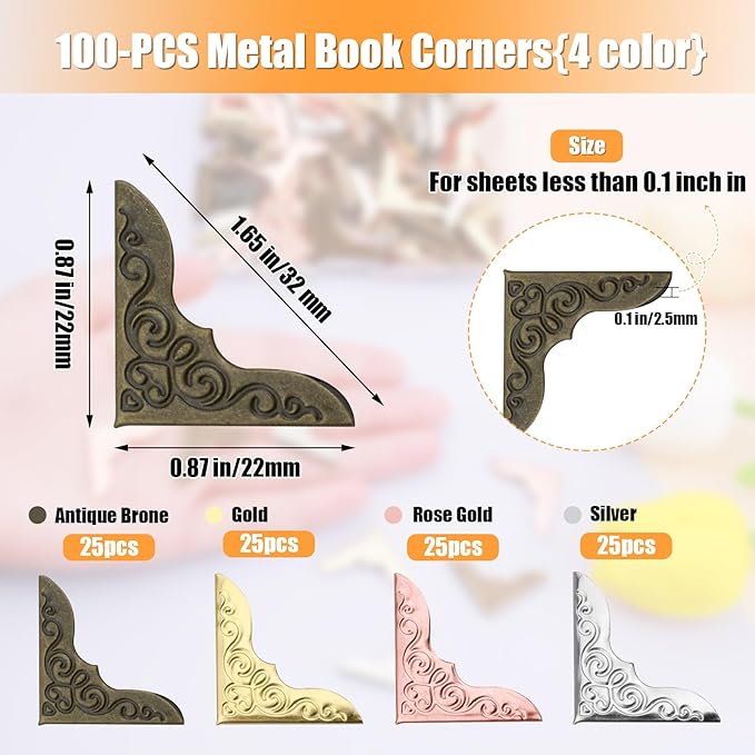 Olldag 100 PCS Metal Book Corners, Vintage Book Corner Protectors, Iron Corner Guard Edge Decorative for Scrapbook Photo Album Diary Cover Menus Folder (Antique Bronze+Silver+Gold+Rose Gold)