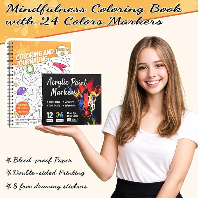 Coloring Book Set with 24-Color Acrylic Markers & Stickers, Ages 14+ Travel Sketch Book, 60 Pages 150gsm Thick Paper (7x8.3in) Spiral Bound Art Supplies