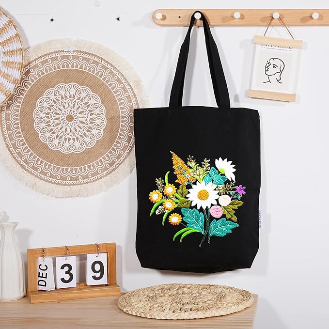 CREAWONDER Canvas Tote Bag Embroidery Kit with Pattern for Beginners, Arts and DIY Embroidery Crafts Kits for Adults, Include Instructions, Thimble, Embroidery Hoops, Color Threads and Tool