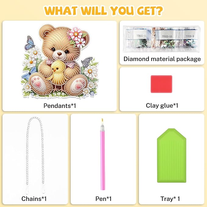 Bowetile Bear and Chick Diamond Art Hanging Kits for Adults, 5D Special Shape Diamond Painting Window Pendant Kits, Animal Gem Art Suncatchers Ornament for Home Garden Wall Decor
