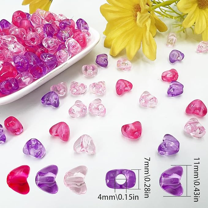 MIIIM 500 Pcs Clear Purple Pink Heart Pony Beads Shapes for Friendship Bracelet, Large Hole Kandi Beads for Hair Braids, Jewelry Making (Clear Purple Pink)