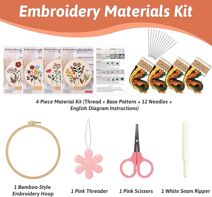 Fakindiy 4 Sets Embroidery Kit for Beginners, Flower Cross Stitch Set for Complete Starter Kit with Hoop, Threads, Needles & Tools,Hand Craft Gift for Lovers (ColorC-Flower Pattern)