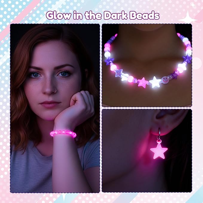Tilhumt Glow in The Dark Beads for Bracelet Making Kit with Cute Bag for Adults, 9mm Rave Pony Beads Kit, Letters&Number&Star Neon Bead, Ideal Gift for Adult Craft Lovers