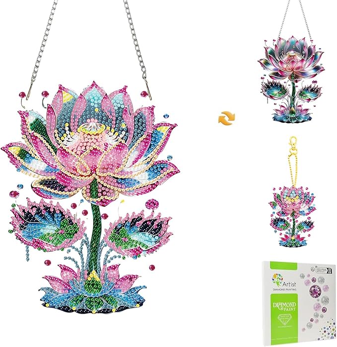 Masendp Hanging Diamond Art Decoration Kit 5D Diamond Painting Kit, DIY Lotus Series Themed Diamond Art Kit Suitable for Beginners and Adults, Home Wall and Garden Decoration