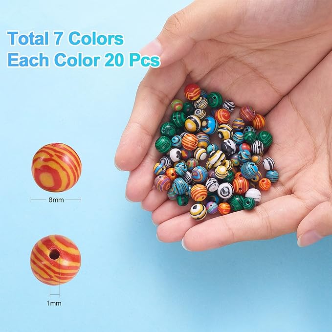 140Pcs 7 Colors Malachite Beads for Jewelry Making, 8MM Malachite Stone Beads Charm Round Bead Set for Necklace Bracelet Charm Jewelry Making (8MM, 7 Colors Malachite)
