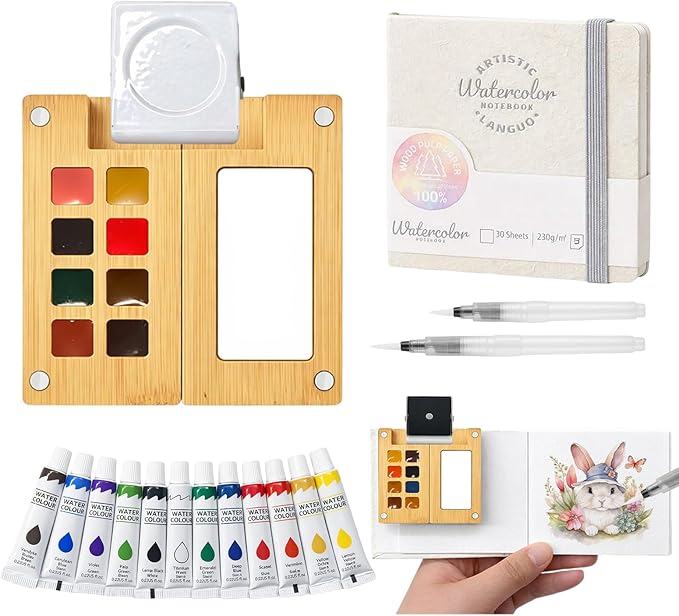 Mini Watercolor Paint Set - Mini Travel Watercolor Palette Set, Pocket Water Color Paint Palette Kit with 12 Colours, Sketchbook, Pens, Wooden Paints Box for Painters Artists