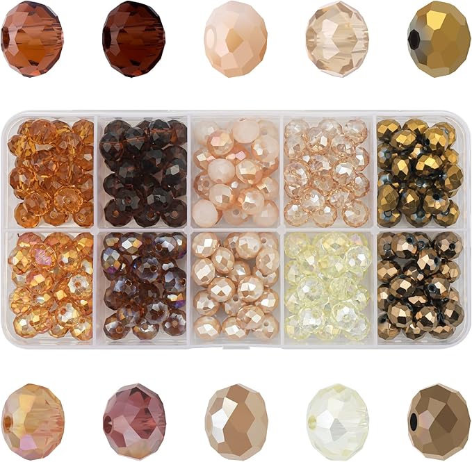 200pcs 8MM Faceted Rondelle Glass Beads for Jewelry Making, Briolette Crystal Glass Beads Plated Round Loose Spacer Beads for DIY Supplies Bracelets Necklaces Earrings (Brown)