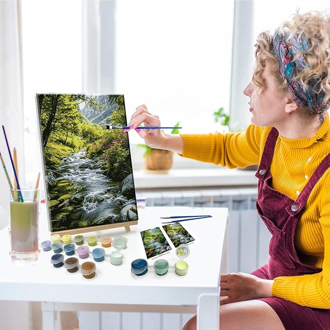 JOOZ Landscape Paint by Numbers Kit for Adults with Frame Mountain Paint by Number with Easel Forest Oil Painting Kits for Home Wall Decor 8 x 12 Inch