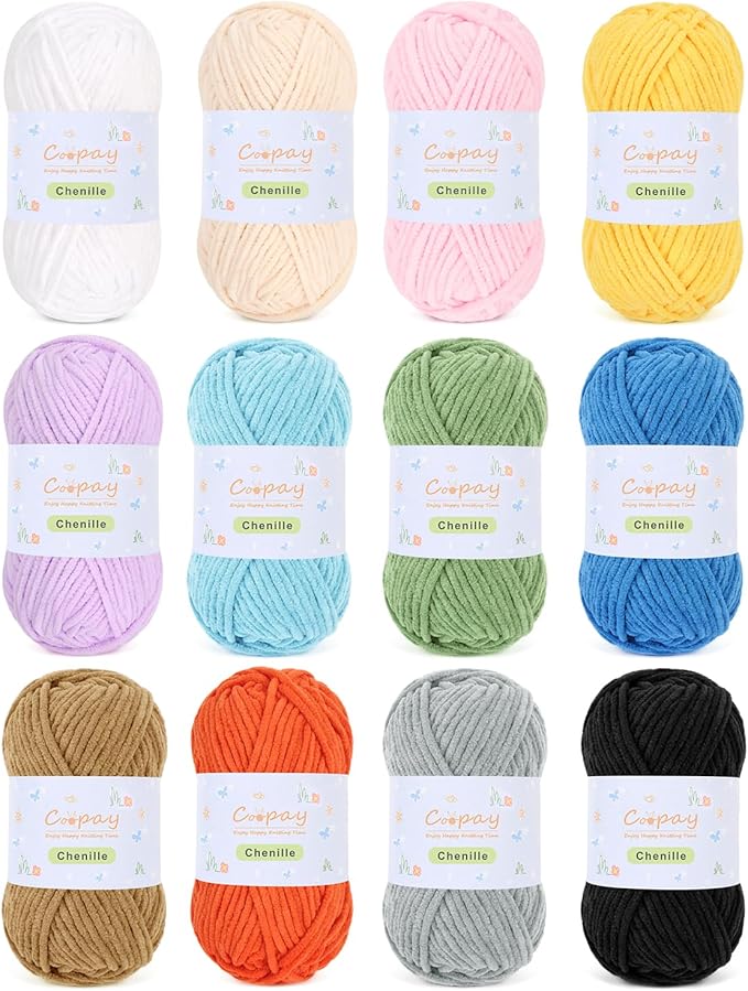 Coopay Chenille Yarn for Crocheting, 12 Pack Medium Weight Yarn - CYC #4 - Total 780yd, Soft Crochet Yarns for Plush Toys, Blankets, Scarves (Colorful)