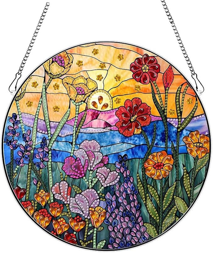 hyzsj DIY Hanging Diamond Art Pendant Painting Kit Landscape Sunset Flower, Special Crystal Gem Craft Painting Kit Ornament 9.4x9.4inch