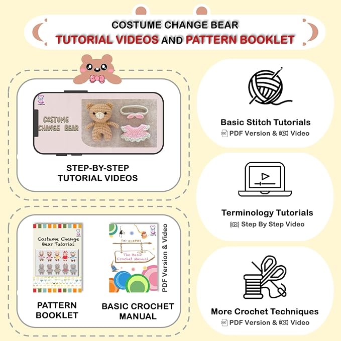 LoopMap Amigurumi Crochet Kit for Beginners with Removable Dress & Video Tutorials, DIY Bear Making Kit Includes Premium Yarn & Tools, Creative Gift for Adults Teens (Yellow)