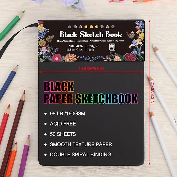 50 Sheets Black Paper Sketchbook, 98lb/160gsm Heavyweight Black Sketch Pad 5.8×8.3in, Acid-Free Drawing Paper, Spiral Bound Sketch Book for Kids, Teens, Artist