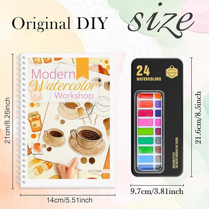 Watercolor Workbook, 4Pcs Beginner Friendly Watercolor Workbook with 48 Patterns, Step by Step Watercolor Workbooks with with 24 Paint Colors & Brush, Water Color Paint Set Valentine's Day Gift