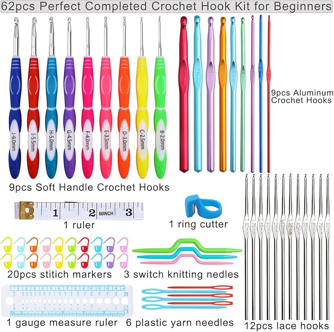 LOOEN 62PCS Crochet Hook set with Case, 9 pcs Rubbery Handles crochet hooks 2.0MM-6MM and Aluminum Crochet Hooks Set 2.0MM-8MM, Comfort Grip Crochet Hook Set for Beginners and Crochet Lovers(A - Pink)