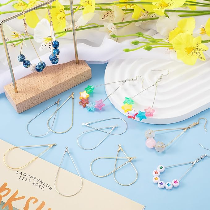 OIIKI 60PCS Earring Beading Hoops for Jewelry Making, 2 Sizes Gold/Silver Plated Hoop Earring Findings, Open Hoops, Metal Earring Rings, Waterdrop Earring Beading for DIY Jewelry Crafts for Women