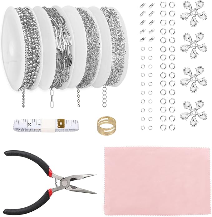 Fesorsi Silver Chain for Jewelry Making, 29.5ft 4 Style Steel Jewelry Chain, Electroplating Process, for DIY Necklace Chains, Tassel Pendants, with Jump Ring, Lobster Clasp, Pliers