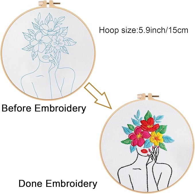 Louise Maelys Floral Embroidery Kits for Beginners,Woman Flowers Pattern Cross Stitch kit for Adults,DIY Needlepoint for Starters,Including Hoop,Instruction and Threads