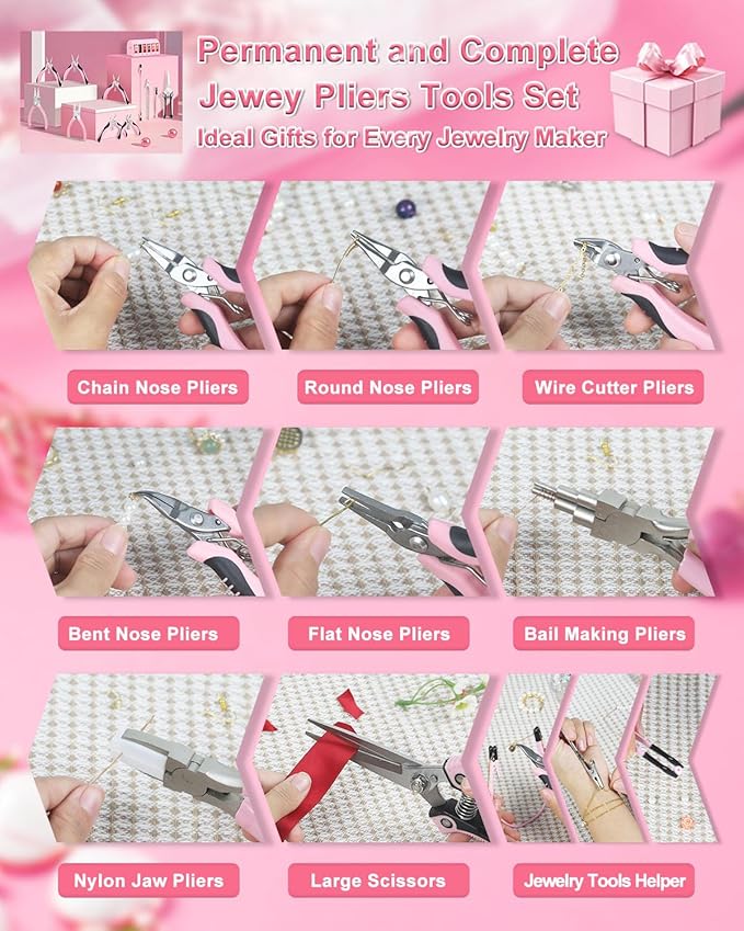 Toolour Jewelry Pliers Set Jeweler Making Tools with 6 Rolls Beading Wire Kit for Jewelry Supplies DIY Hobby Repair Crimping Wrapping,Pink Professional Craft Pliers for Adults Beginner