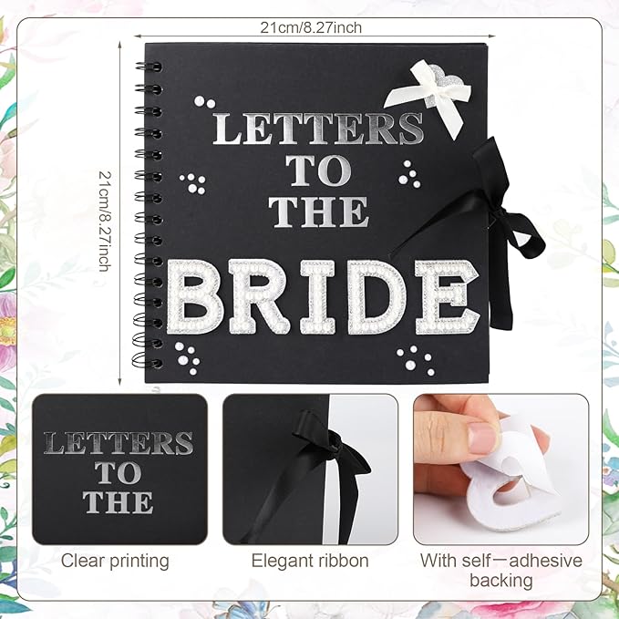 8 x 8 Inch Letters to The Bride Scrapbook Wedding Scrap Book Letters To The Bride Book Bridal DIY Blank Paper Scrapbook Photo Album with Pearl Stickers, Metallic Letters, Bows(Black)
