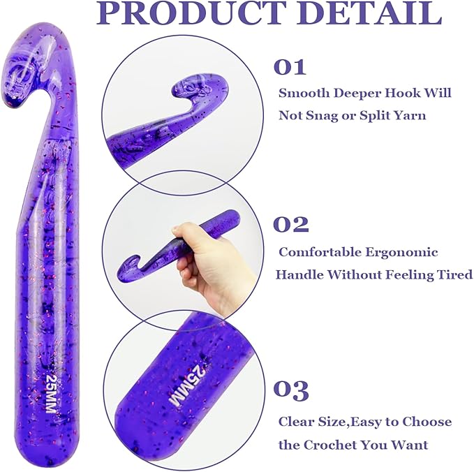 Hobekoee 25mm Large Crochet Hook for Chunky Yarn,Ergonomic Crochet Needles for Arthritic Hands,Plastic Crystal Smooth Crochet Hooks for Handmade DIY Crocheting
