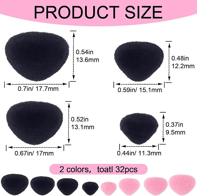 CustomyLife 32pcs Safety Noses for Amigurumi, 11/15/17/18mm Plastic Doll Noses for Crochet, Pink Black Flocking Teddy Bear Noses Stuffed with Washers for Craft Puppet Plush Toy Accessories