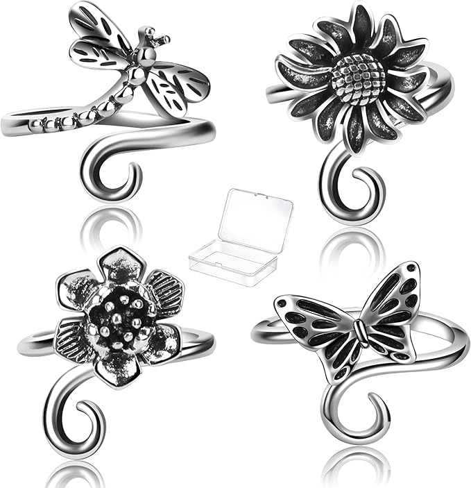 4 PCS Crochet Rings for Fingers Butterfly Flower Sunflower Dragonfly Yarn Tension Ring Knitting Accessories Crochet Gifts for Crocheters