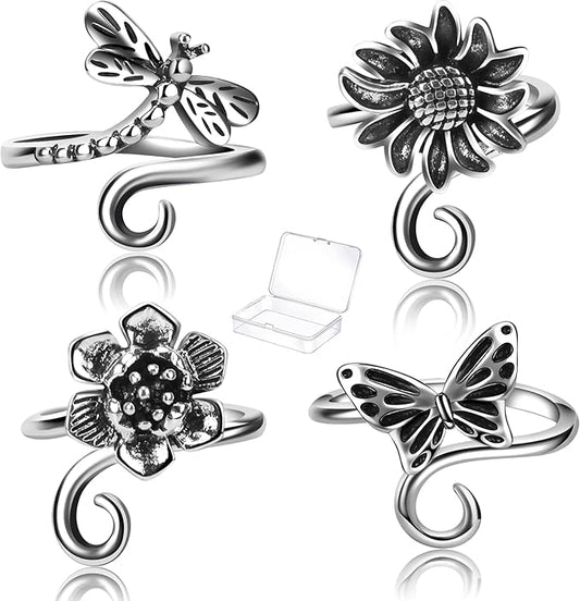 4 PCS Crochet Rings for Fingers Butterfly Flower Sunflower Dragonfly Yarn Tension Ring Knitting Accessories Crochet Gifts for Crocheters