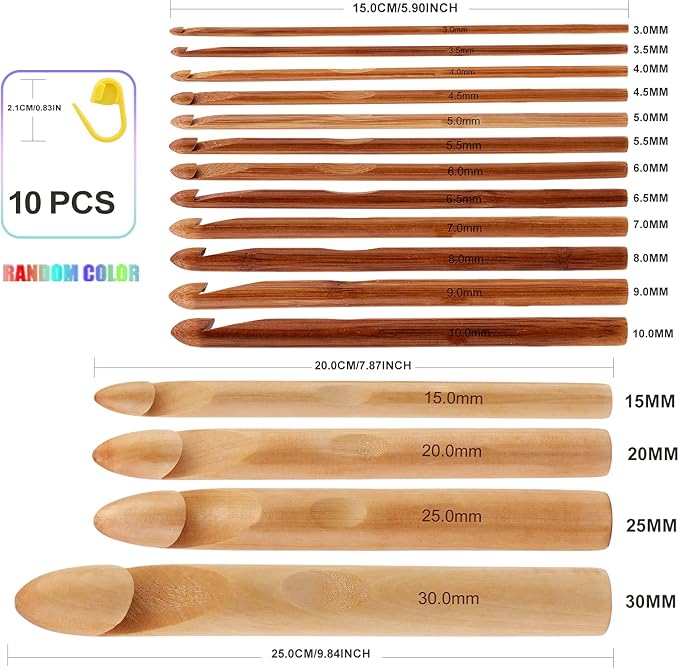 16 Pieces Wooden Crochet Hooks, 3 to 30 mm in Diameters Handle Crochet Hook Knitting Crochet Needles with 10 pcs Knitting Stitch Markers for Handcraft Crocheting