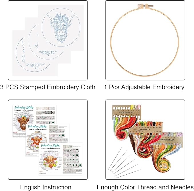 louise maelys 3 sets embroidery kits for beginners,cross stitch kit for adults,starters diy needlepoint including hoop -highland cow and florals pattern