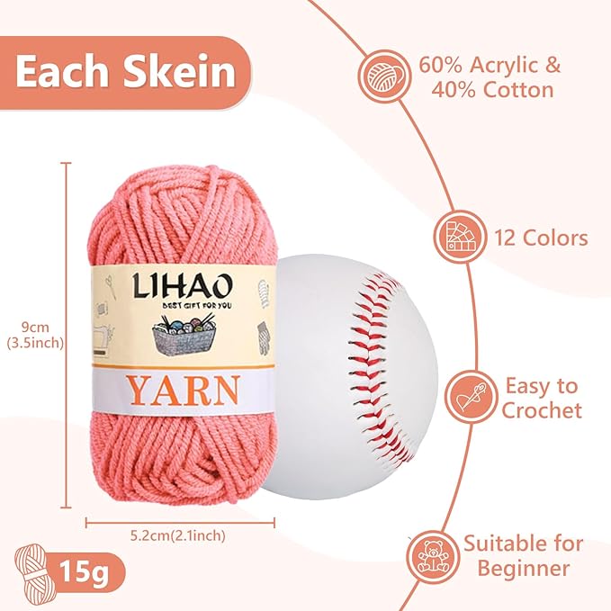 12pcs Yarns for Crocheting, 12 Colors Starter Acrylic Crochet Yarn Bundle 4 Ply for Adult Child Knitting Crochet Crafts (12 x 15g)