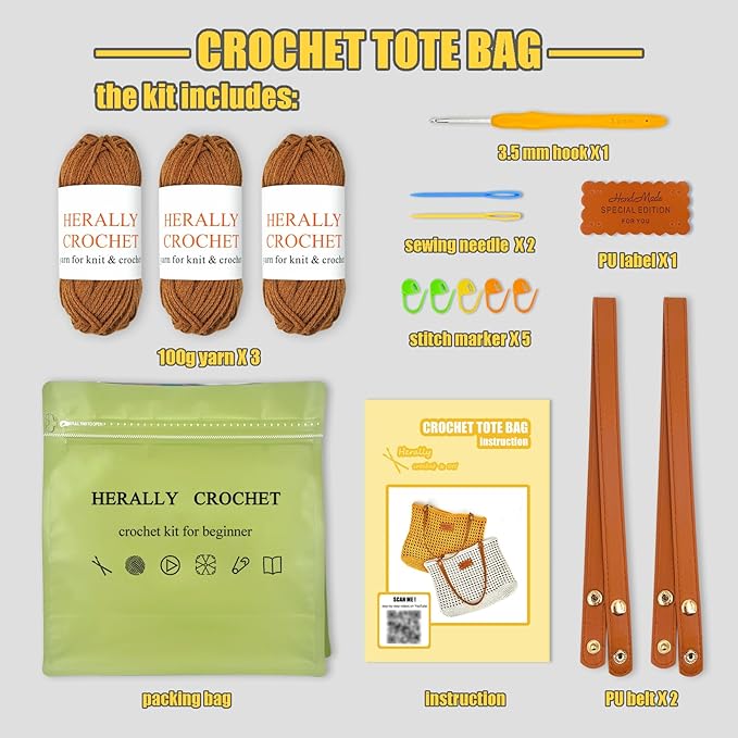 Herally Crochet Kit DIY Bag for Beginners - Include Yarn, Hook and Accessory - with Step by Step Video Tutorials - Crochet Tote Bag (Caramel)