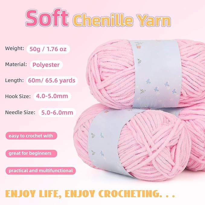 Aeelike Blanket Crochet Kit for Beginners, Easy Crochet Blanket Kit with Soft Chenille Yarns Detailed Instruction Crocheting Accessories Complete Beginners Crocheting Kits, Sakura Pink