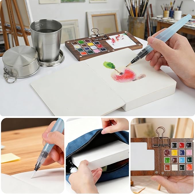 Mini Watercolor Paint Set,Portable Travel Watercolor Set,Pocket Watercolor Kit with Paint, Brush, Sketchbook & Metal Clip, Paint Water Cup and Crossbody Bag for Beginners, Painting Artists