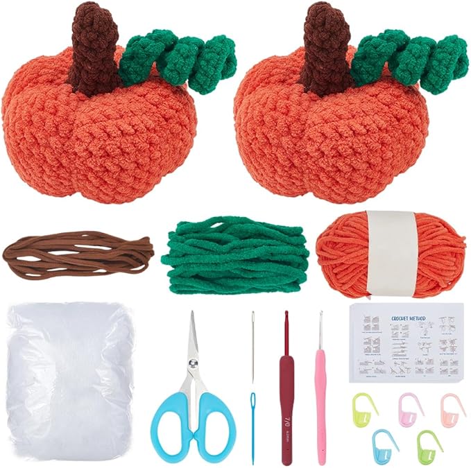 ORIGACH 2 Set Halloween Plush Pumpkin Crochet Kit for Beginners,Complete Crochet Starter Kit with Video Guide, Yarn & Tools, CrochetingGifts for Halloween Decor