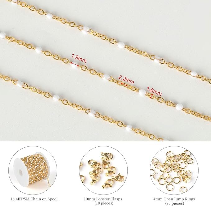 KYUNHOO 16.4 Feet/5M Stainless Steel Beaded Chain for Jewelry Making - Gold Plated Bulk Thin Cable Link With Findings for DIY Craft