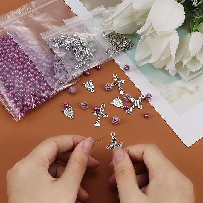 OEMOO 1410PCS Rosary Jewelry Making Kit Rosary Prayer Making Supplies Carved Rose Beads Cross Centerpiece Crucifix Medal, Silver Jesus Maria Pendant for Rosary Bracelet Necklace Jewelry (Purple)