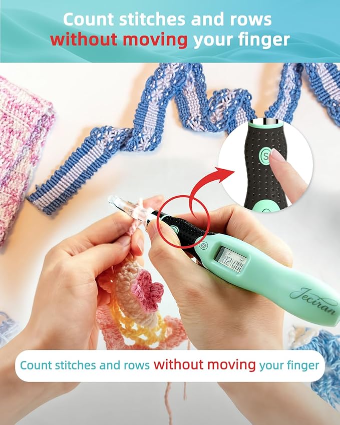 Upgraded Lighted Crochet Hooks Set with 24 Interchangeable Heads-Rechargeable Counting Crochet Hook Set-No Need to Move Fingers-Ergonomic Digital Crochet Hook for Arthritic Hands