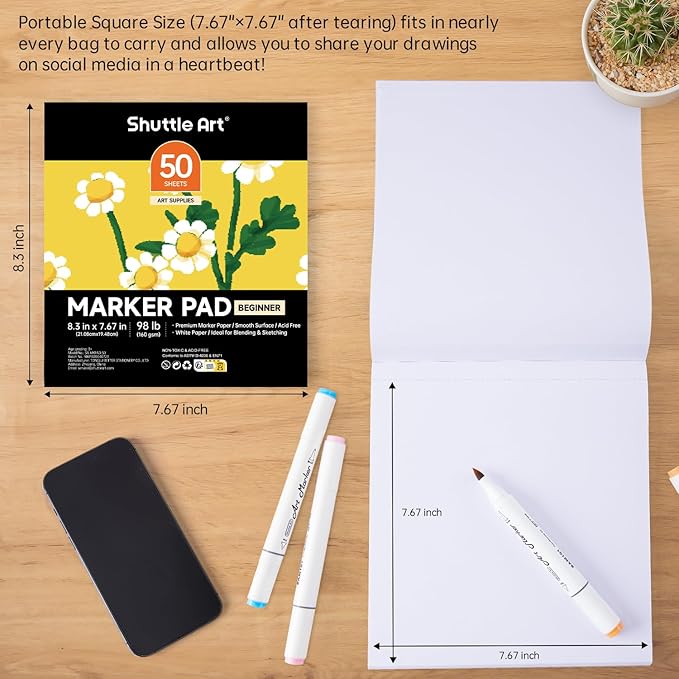 shuttle art marker pad, 8.3”x7.67” portable square sketchbook, 50 sheets marker drawing paper, 98lb/160gsm smooth surface bleedproof art paper, glue-bound, great for beginners to draw, paint & sketch