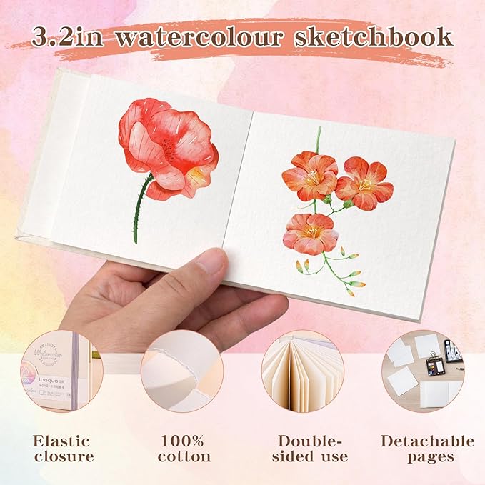 Mini Watercolor Paint Set - Mini Travel Watercolor Palette Set, Pocket Water Color Paint Palette Kit with 12 Colours, Sketchbook, Pens, Wooden Paints Box for Painters Artists
