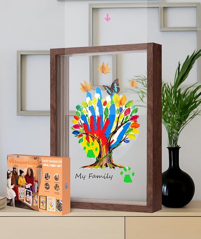 brown family handprint kit for 5 – wooden frame with 5 clear acrylic boards, diy handprint keepsake for baby, pet, mom, grandparents, hand mold art set with non-toxic washable paint (brown)