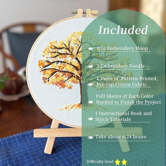 FONNUY Crewel Embroidery Kit for Beginners, Seasonal Tree Pre-Stamped Pattern Kits for Adults with Hoop, Easy to Follow Color Thread Needlework, 8'' (Yellow)