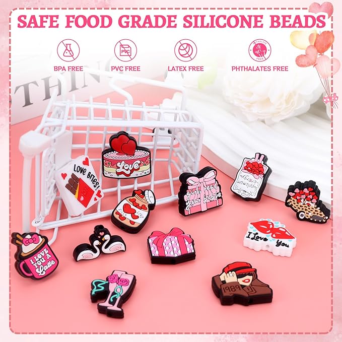 12PCS Valentine Silicone Beads for Pens, 12Pcs Silicone Focal Beads for Keychain Making DIY Handicraft（Valentine）