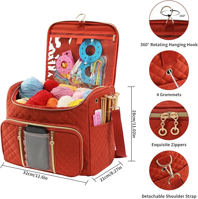 Knitting Bag- Crochet Bags for on The go,Yarn Storage Organizer, Perfect for Knitting and Crochet Accessories(Rust Red)