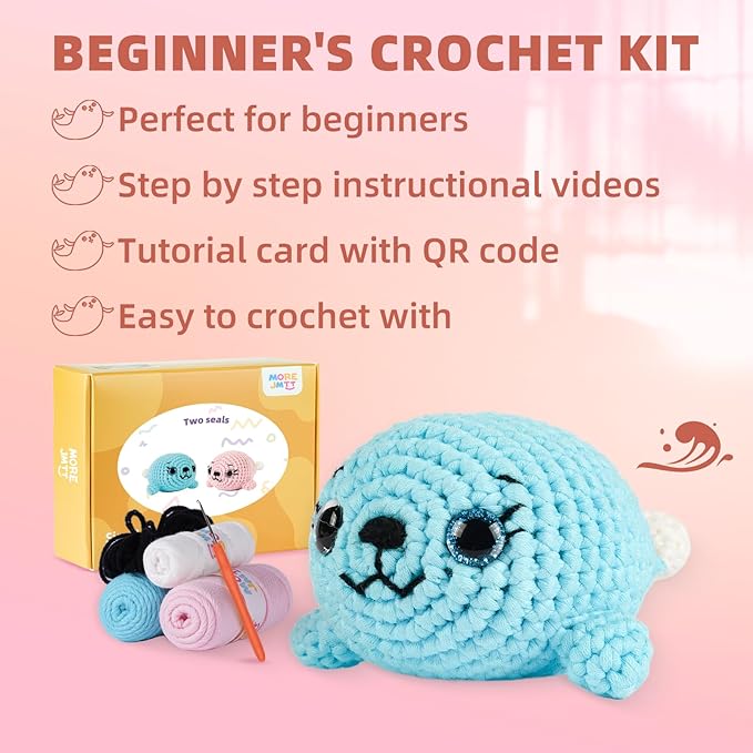 MOREJMTT Crochet Kit for Beginners, Learn to Crochet, Include Easy Knitting Soft Yarn, Step-by-Step Video Tutorial, Hook, Holiday Birthday Gift for Adults (Pink Seal& Blue Seal)